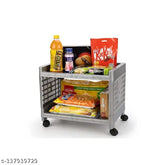 Grey plastic 2-layer multipurpose storage organizer for kitchen and office, with wheels for mobility
